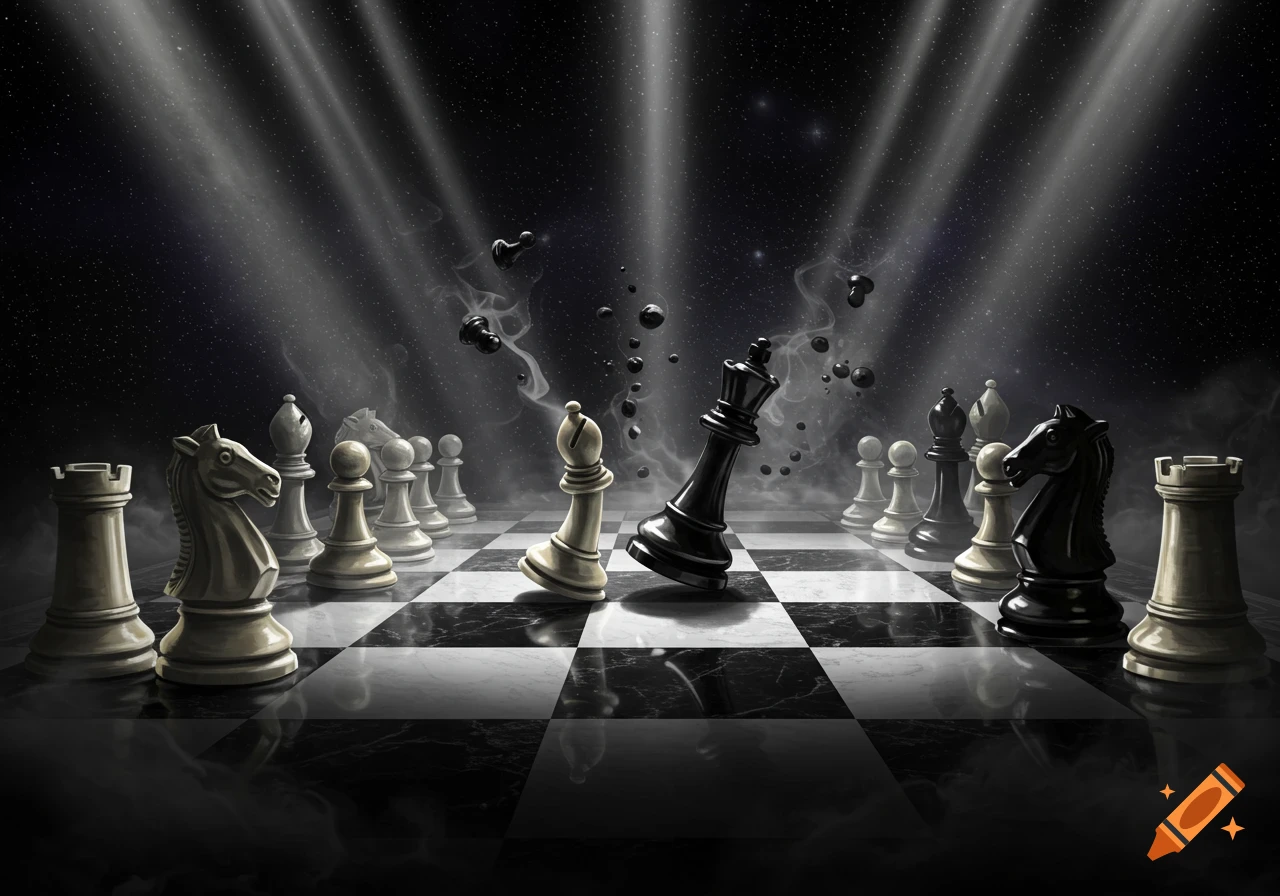 Dramatic chess board with black and white pieces under spotlights, some pieces falling and exploding against a starry background.