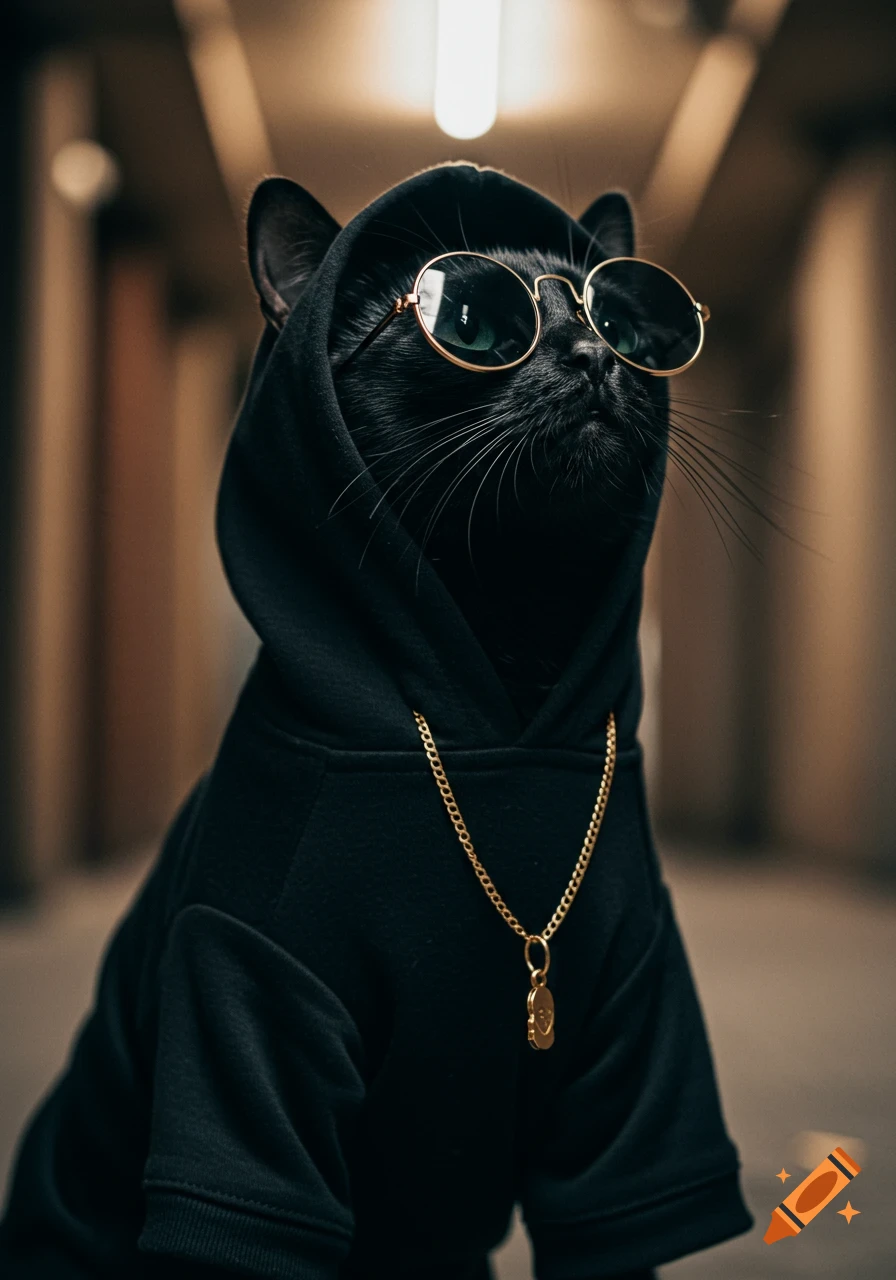 A black cat wearing a black hoodie, round gold sunglasses, and a gold chain looks up in a photorealistic style.