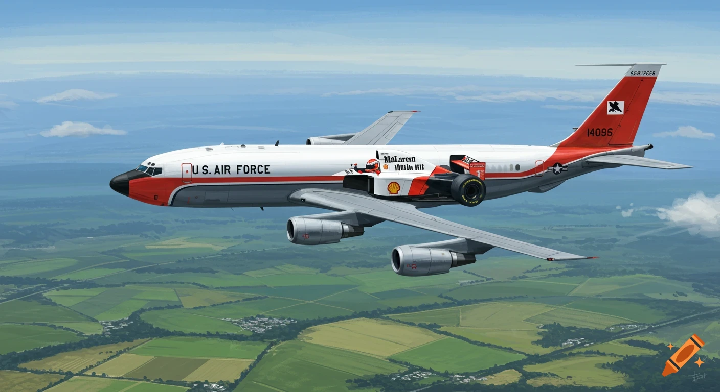 An illustration of a US Air Force KC-135R aircraft with a McLaren Formula 1 car integrated into its fuselage, flying over green fields.