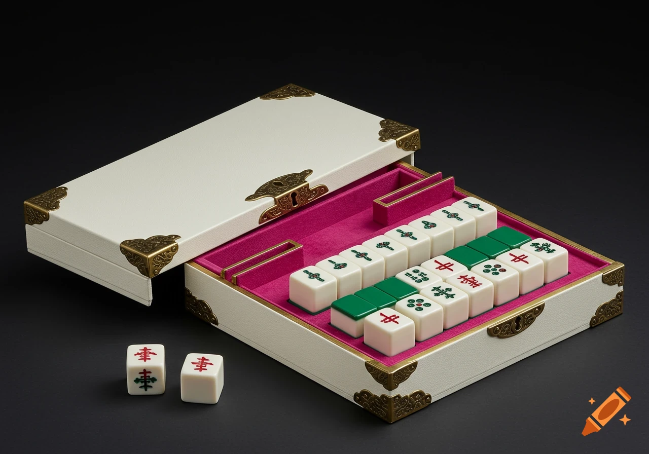 A luxurious white Mahjong set with brass accents and fuchsia lining, displayed open with white and green tiles and two dice on a dark background.