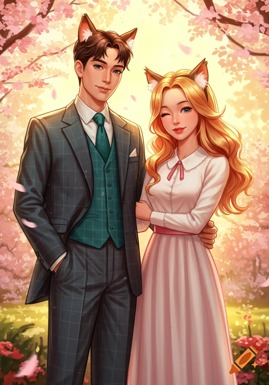 A charming anime-style illustration of a couple with cat ears standing in a sunlit park with pink cherry blossoms.
