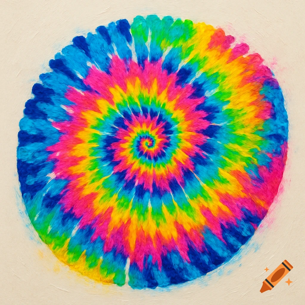 A vibrant circular tie-dye pattern with a spiral of blue, pink, yellow, and green colors on a light background.