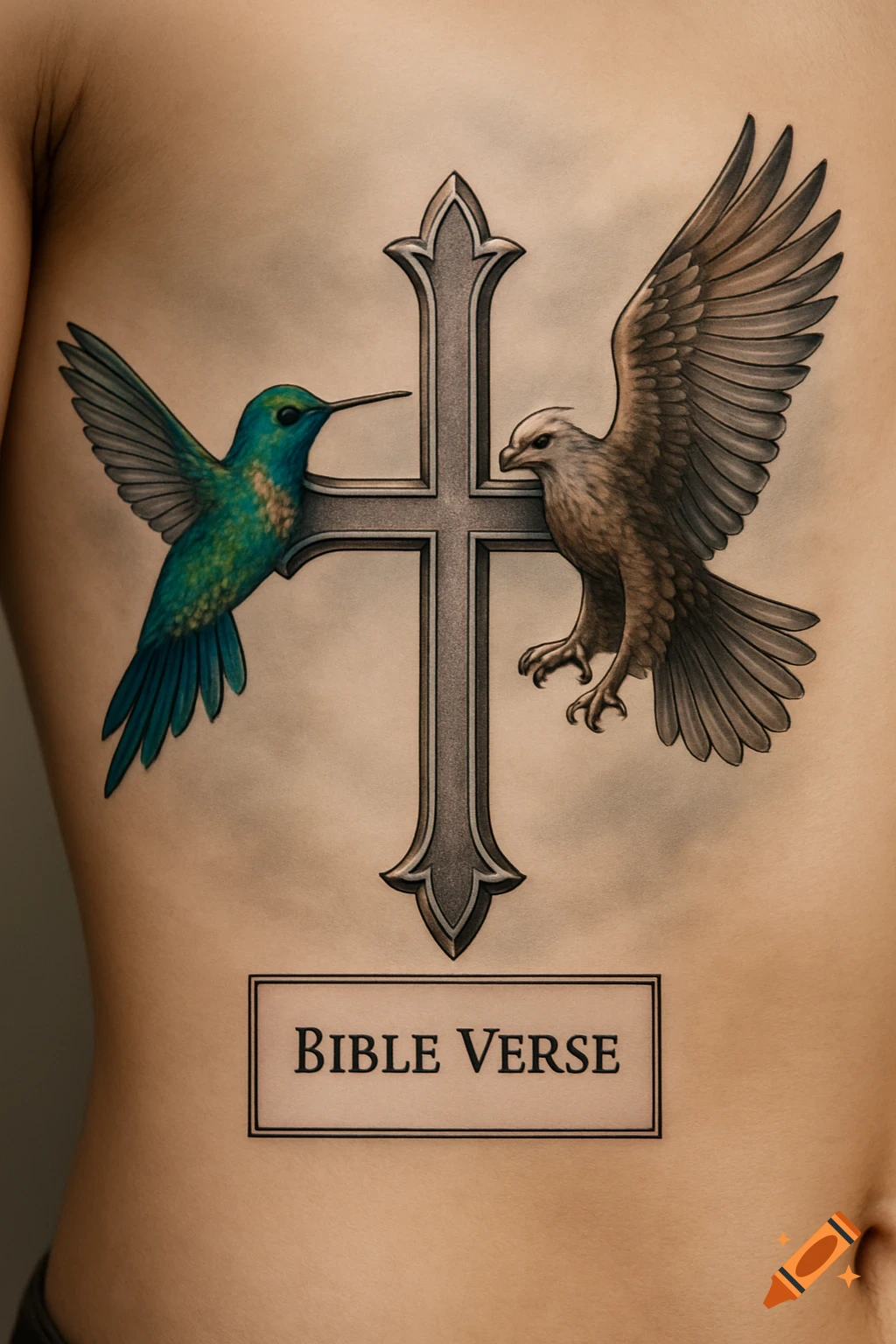 Realistic tattoo on a person's rib cage featuring a cross, a hummingbird, and an eagle, with a rectangular box for 'BIBLE VERSE'.