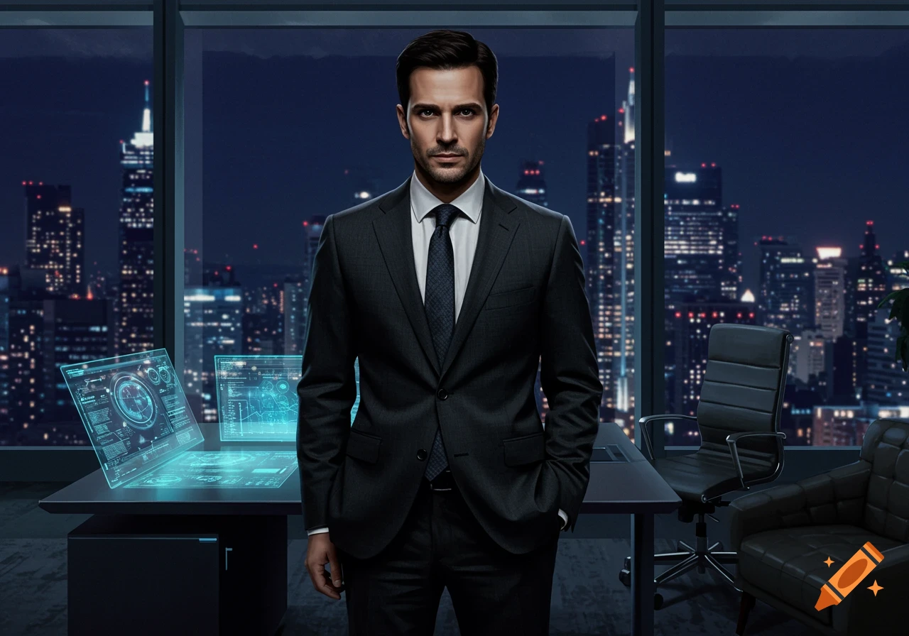 A photorealistic image of a man in a suit standing in a modern office with holographic screens and a city skyline at night.