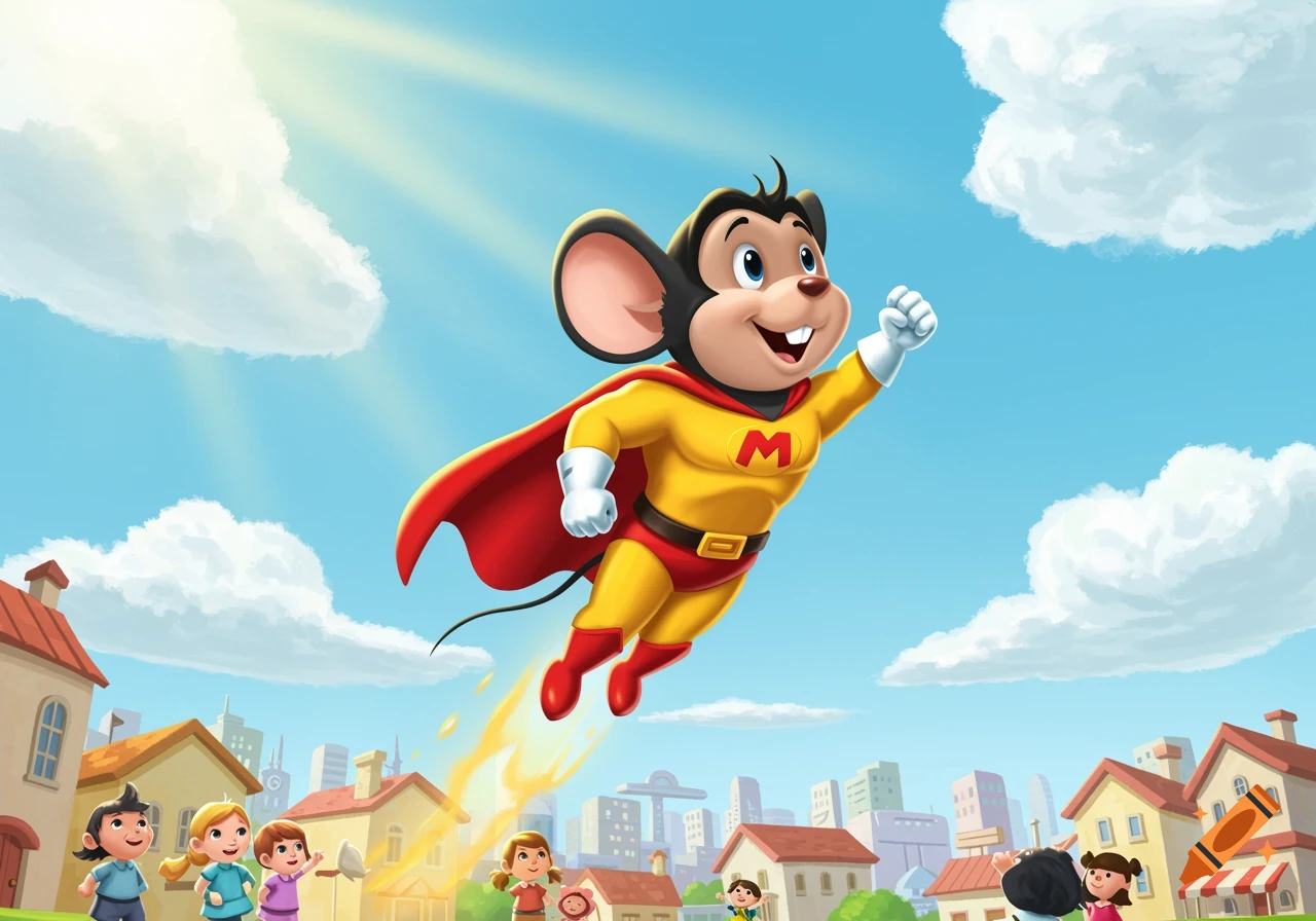 Mighty Mouse, a cartoon superhero mouse in a red and yellow suit with an M on his chest, flies over a town as children look up.
