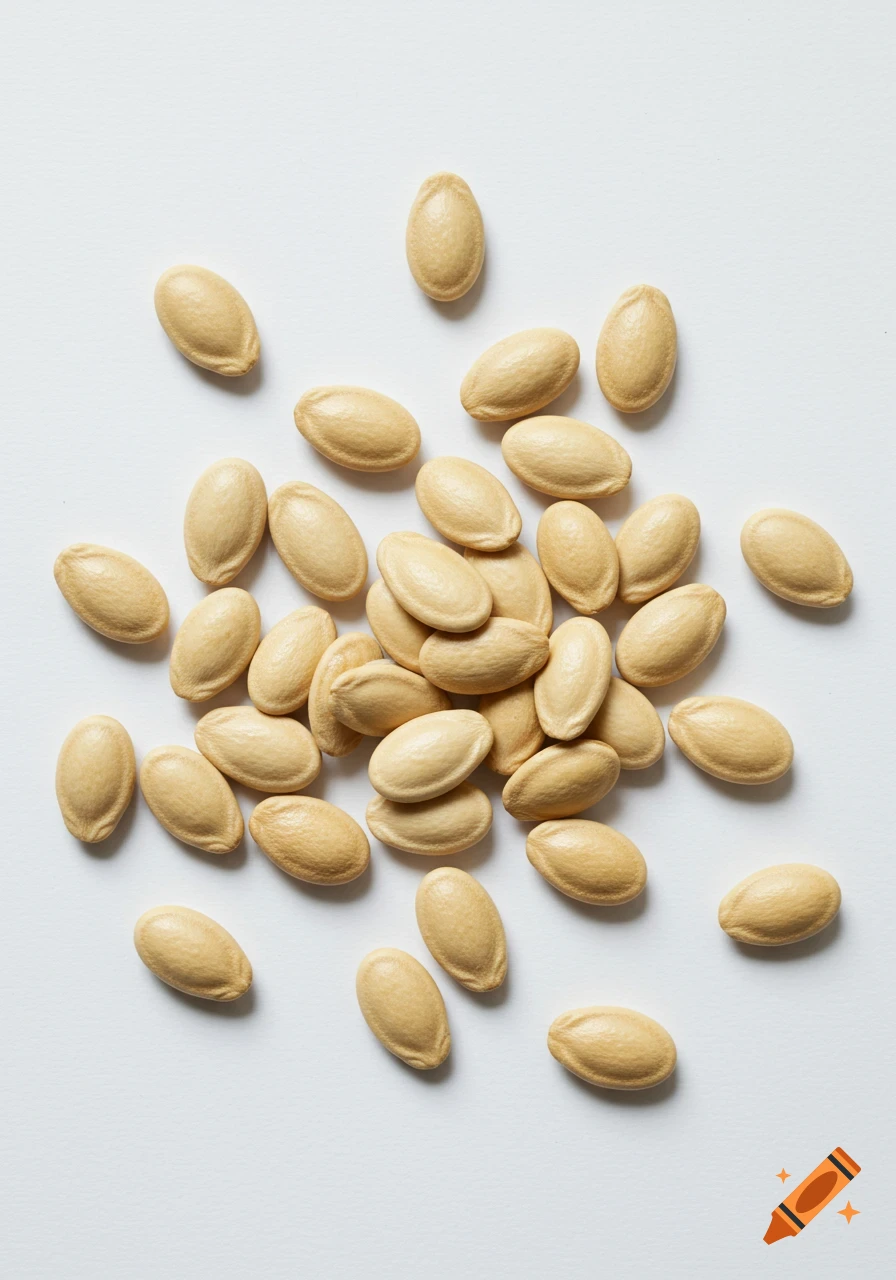 A top-down shot of peeled, light beige watermelon seeds scattered on a white background. Photorealistic style.