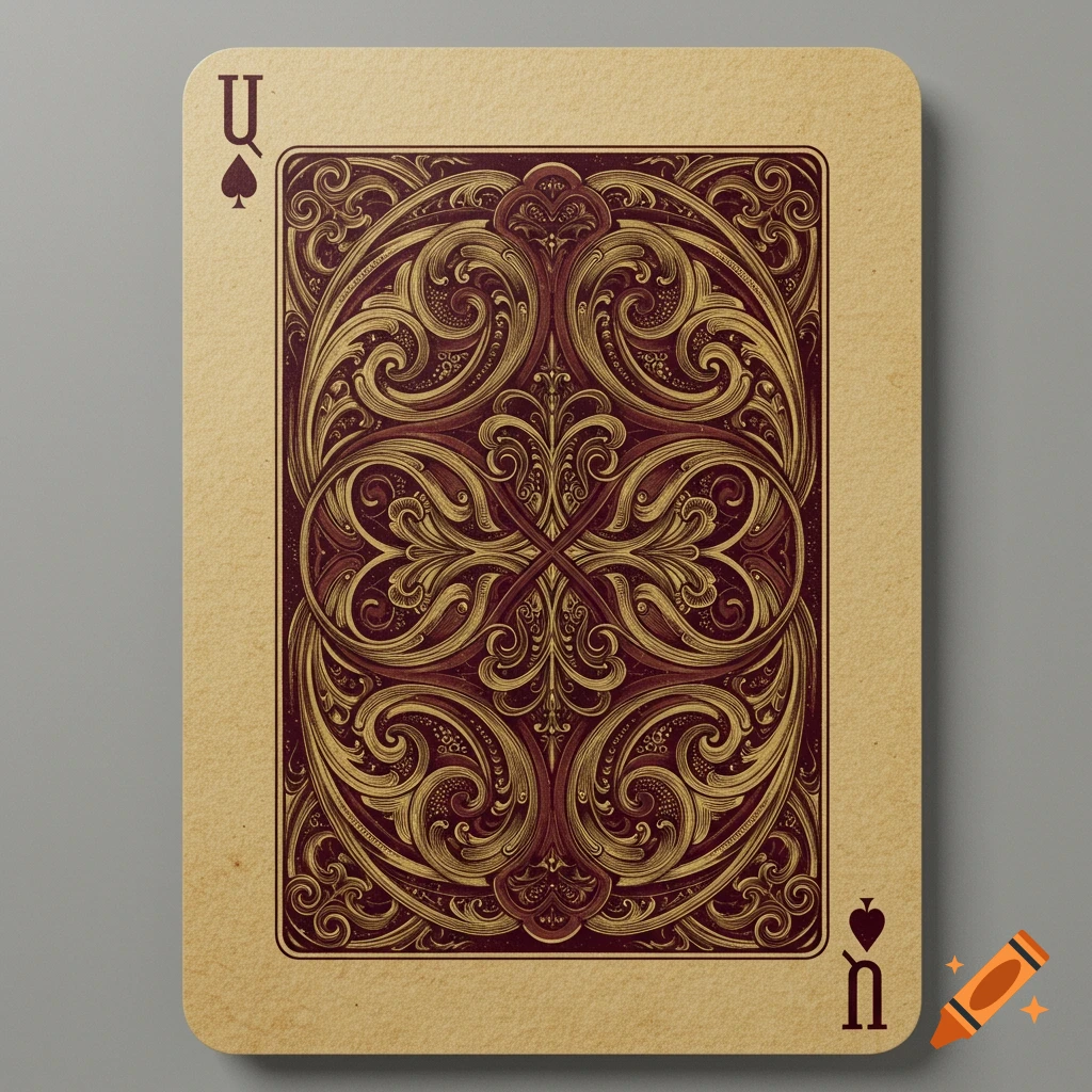 Back of a vintage playing card with an intricate gold and dark red symmetrical design on a textured beige background.