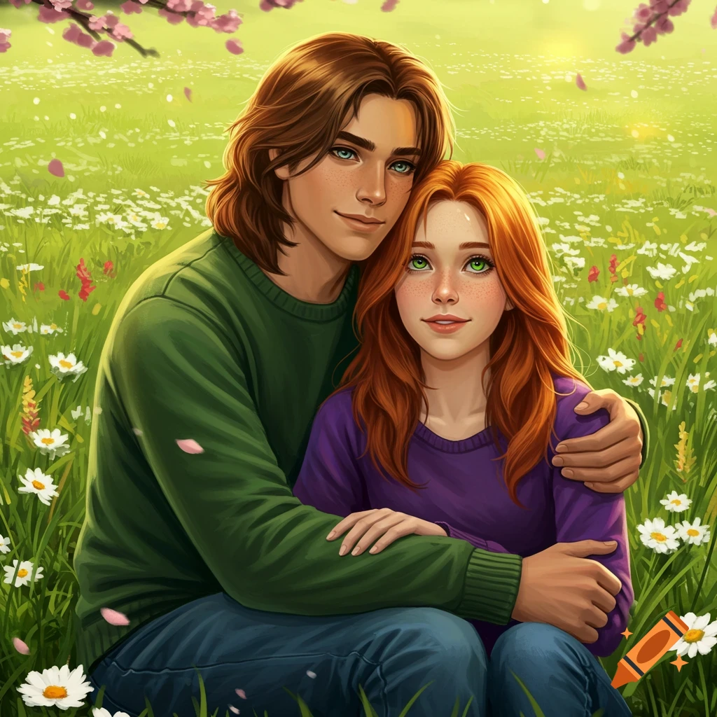 A stylized digital illustration of a teenage couple sitting in a vibrant green field with white and red flowers, pink petals falling from trees.
