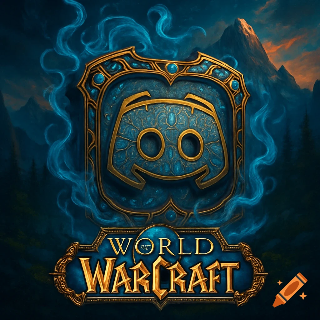 An ornate gold and blue shield with the Discord logo, surrounded by blue smoke, above the World of Warcraft logo, against a mountain backdrop.
