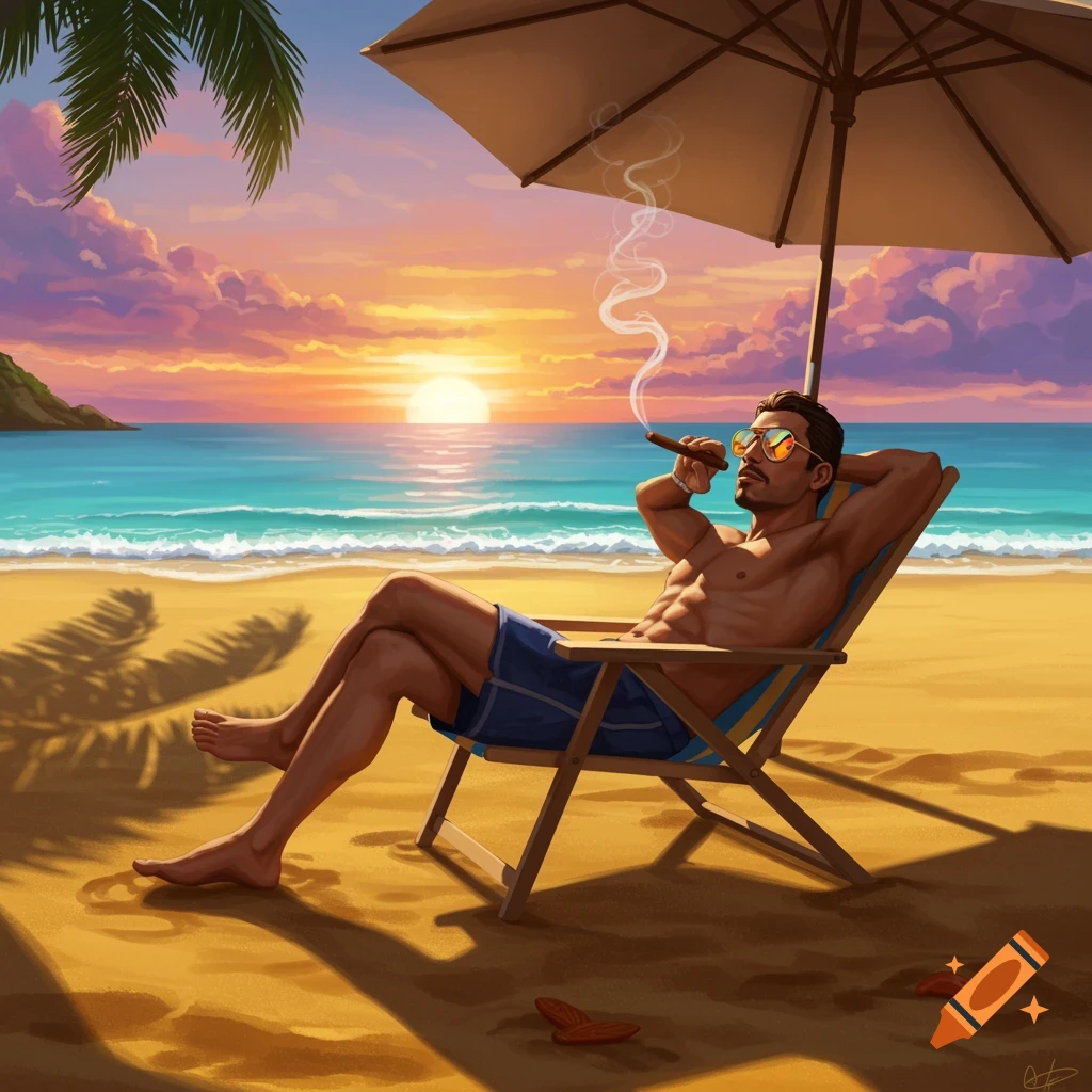 An illustration of a man with sunglasses smoking a cigar in a beach chair at sunset on a sandy beach.