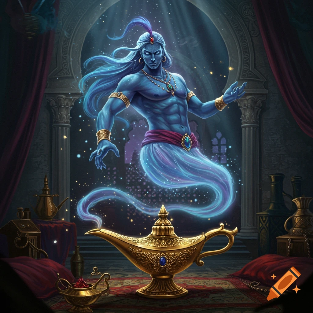 A powerful blue genie with long hair and a muscular torso emerges from a golden magic lamp in an ornate, dark room.