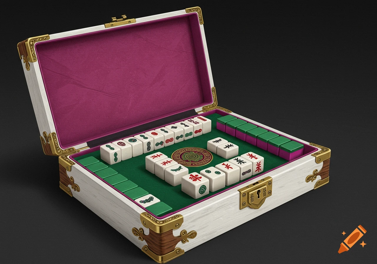 An open, luxurious Mahjong set in a white lacquered box with brass accents, green felt surface, and fuchsia suede lining, filled with classic white tiles.