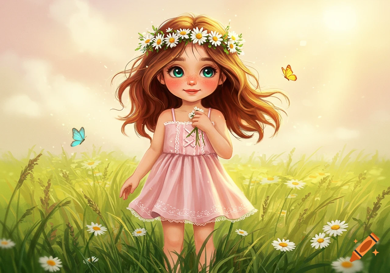 A cute cartoon girl with brown hair and a daisy crown stands in a sunny field of green grass and white flowers with butterflies.