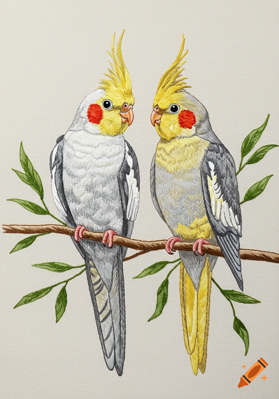 An embroidered pattern featuring two cockatiels, one grey and white, the other yellow and grey, perched on a branch with green leaves.