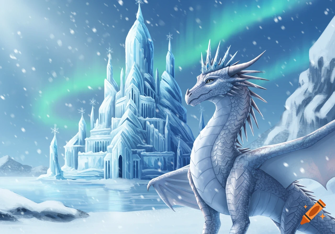 A majestic white dragon with a crown stands next to a grand ice castle in a snowy landscape under the aurora borealis.