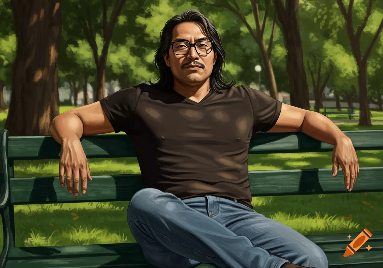 A man with long dark hair, a mustache, and glasses sits on a park bench.