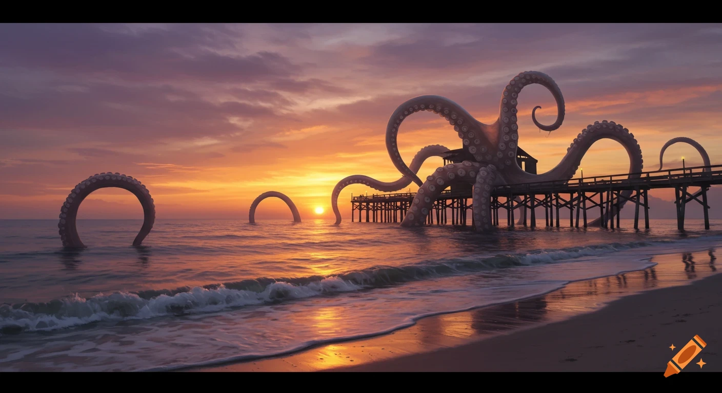 Giant octopus tentacles erupt from a pier on a beach at sunset, with a vibrant orange and purple sky over the ocean.