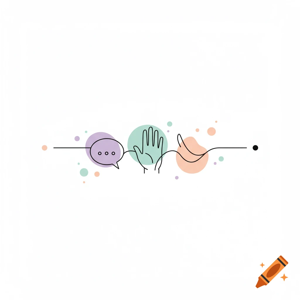 A minimalist line art illustration featuring a speech bubble, a hand, and abstract pastel shapes connected by a single black line on a white background.