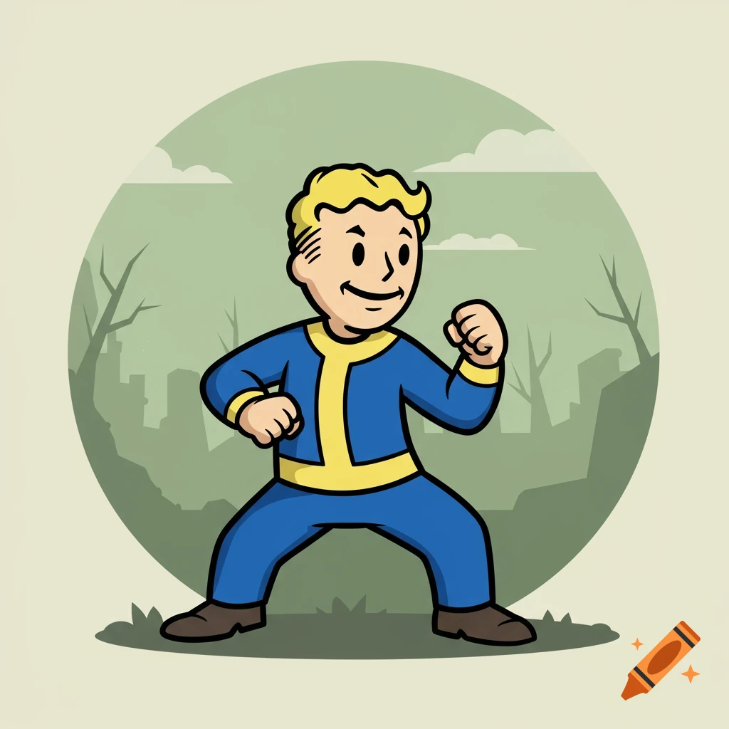 Cartoon Vault Boy in a blue and yellow jumpsuit stands in a fighting stance against a muted green, post-apocalyptic background.