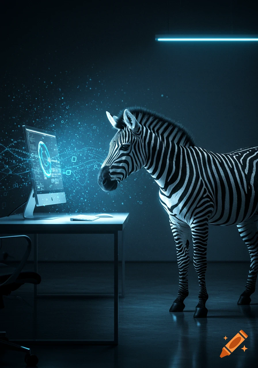 A zebra standing in a dark room, looking intently at a glowing computer screen displaying blue digital data.
