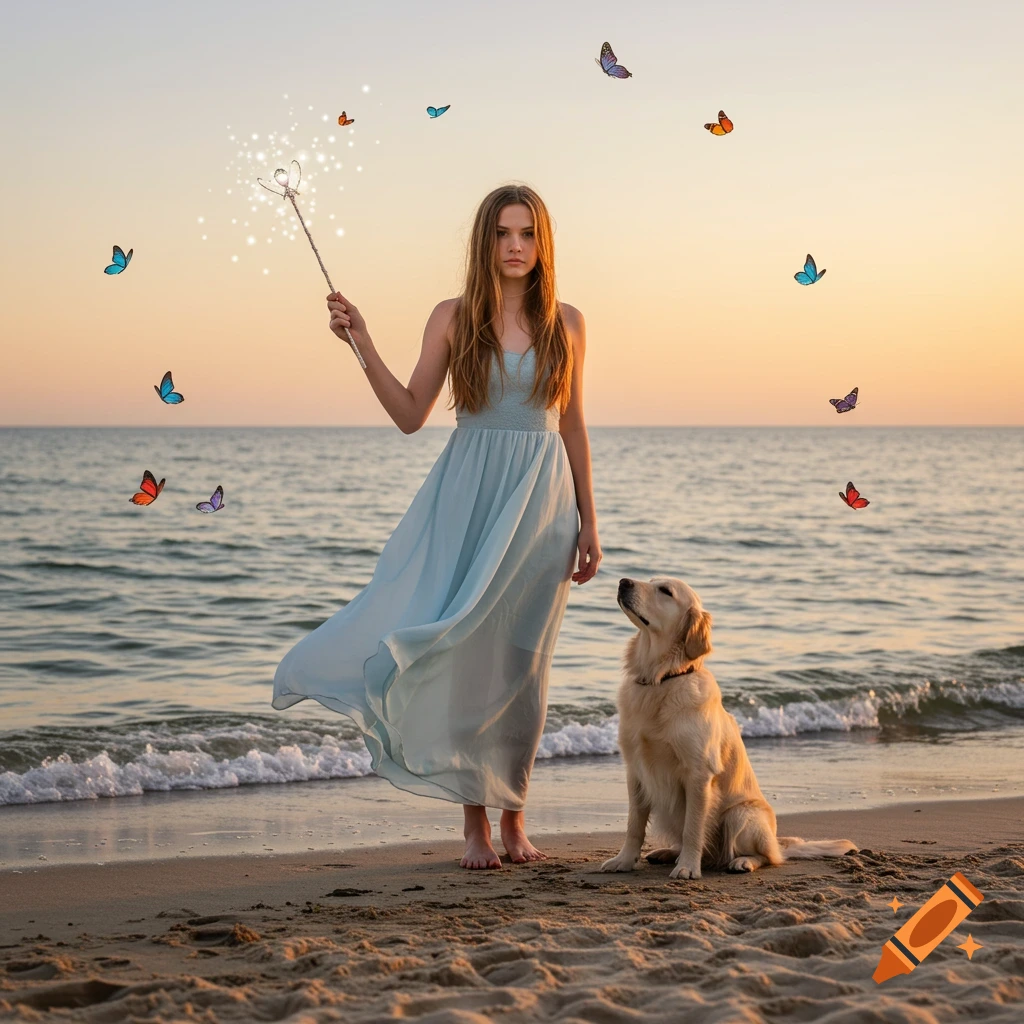 A young woman in a pale blue dress holds a sparkling wand on a beach with a golden retriever looking up at her, surrounded by colorful butterflies at sunset.