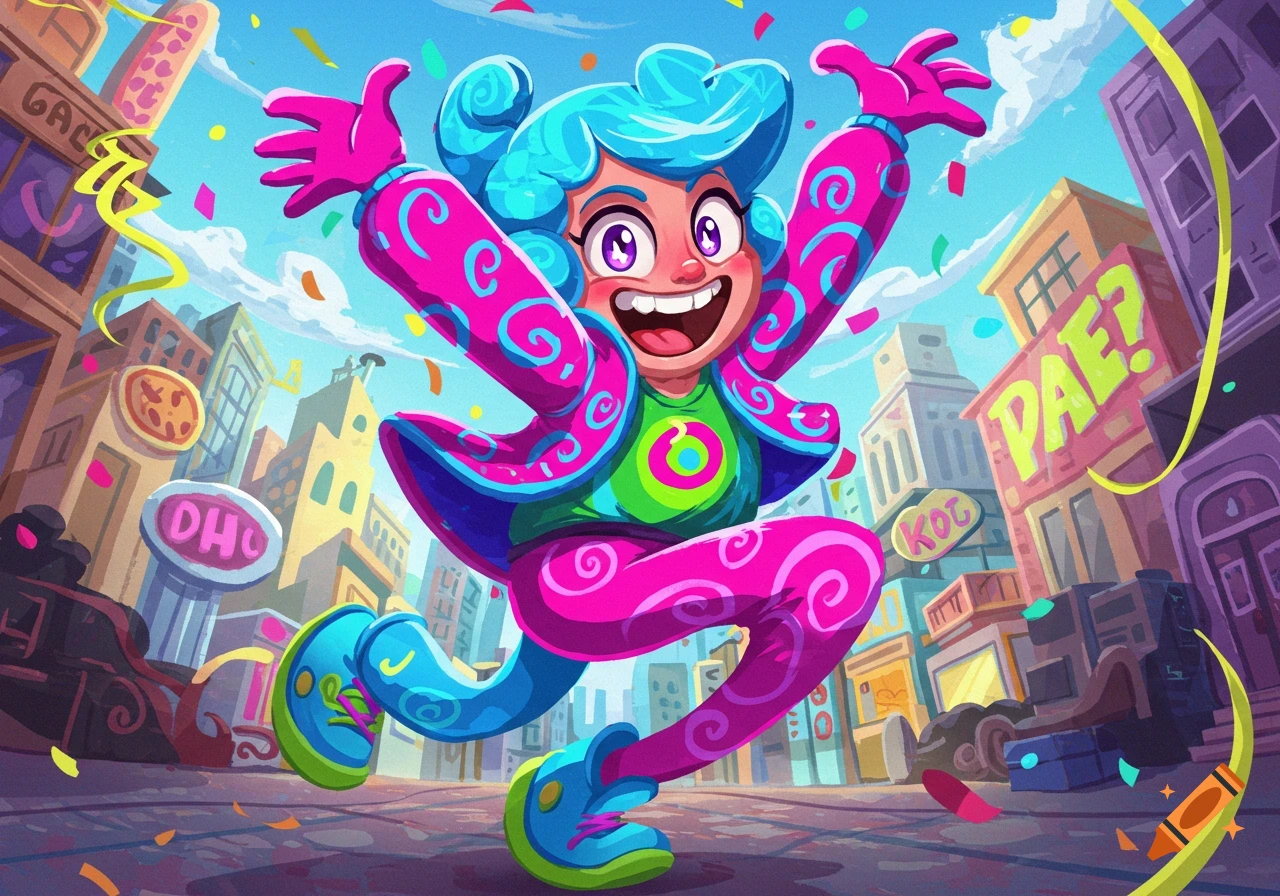 A vibrant, cartoonish character with blue hair and pink and blue clothes jumps enthusiastically in a confetti-filled city street.