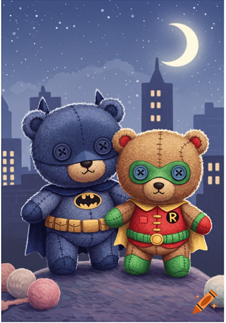 Illustration of Batman and Robin as cute teddy bears standing in a city at night under a crescent moon.