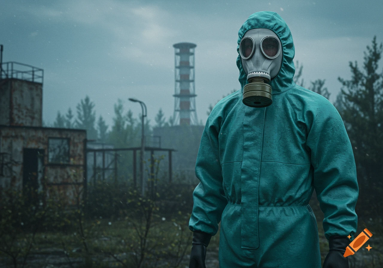 A person in a cyan hazmat suit and gas mask stands in a desolate, abandoned industrial area under a hazy sky.