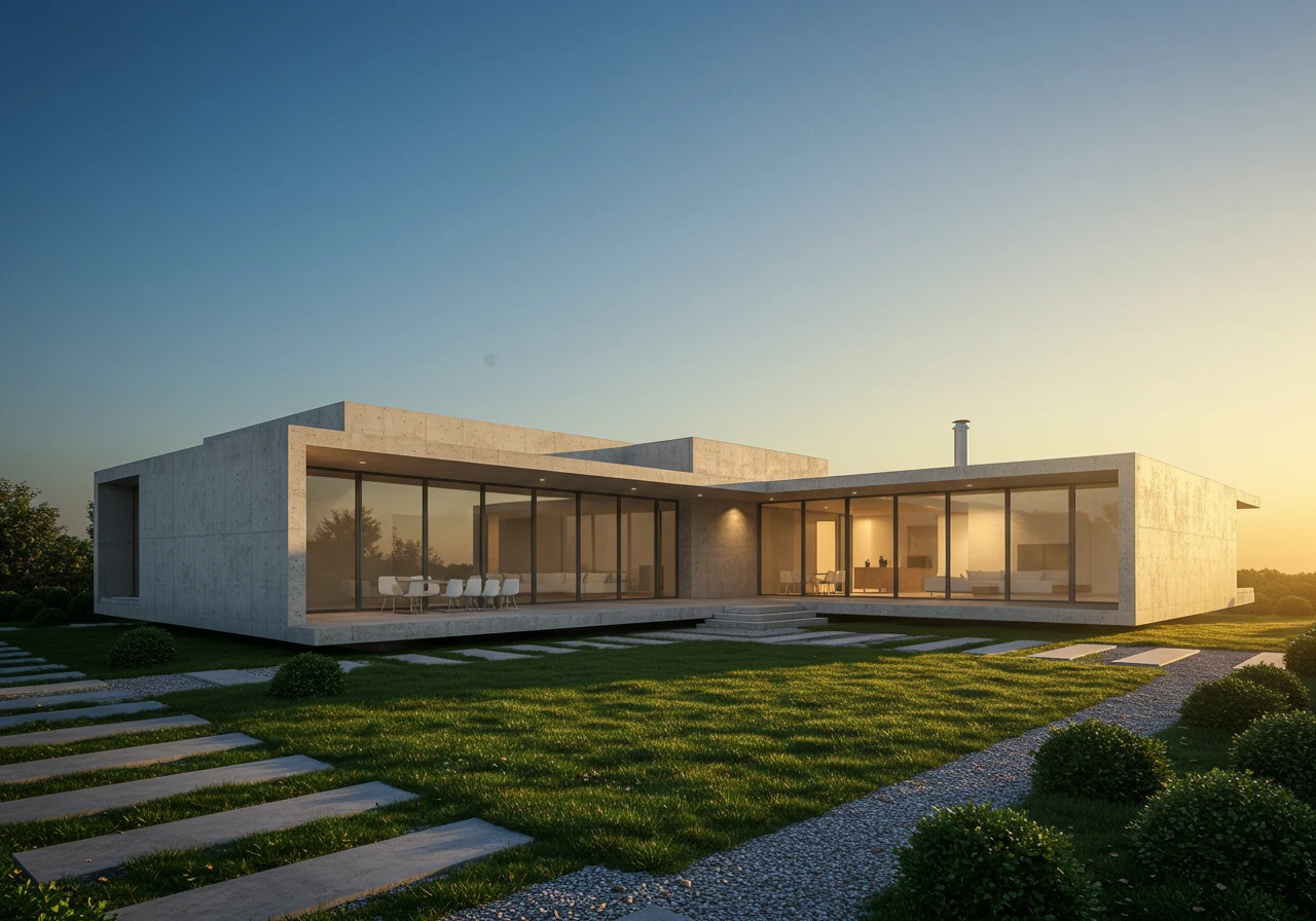 modern minimalist house with concrete and glass in golden hour lighting