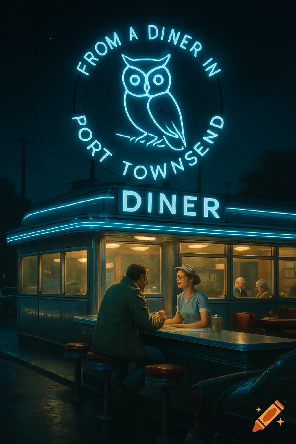 A man and a waitress speak at the counter of a retro diner at night, under a glowing blue neon owl sign that reads "FROM A DINER IN PORT TOWNSEND."
