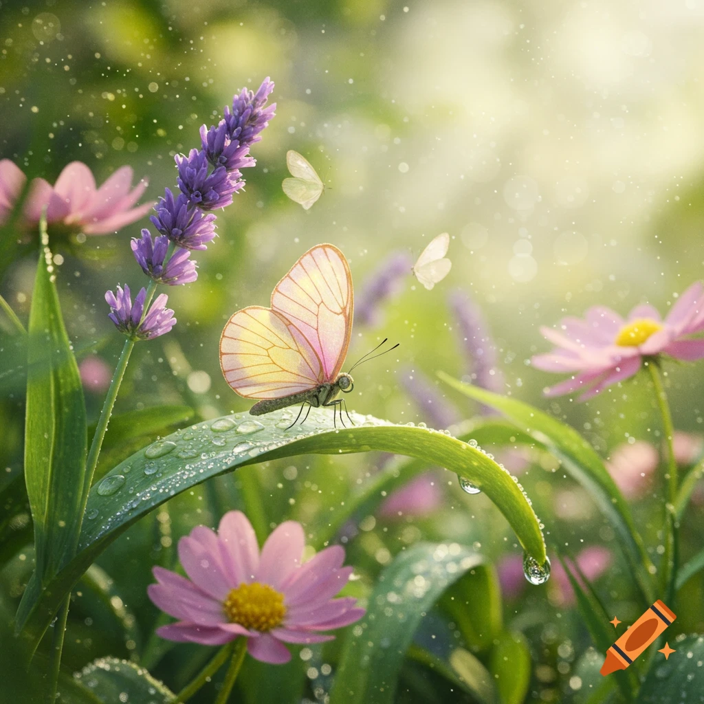 A pale pink and yellow butterfly rests on a dew-covered green leaf next to purple lavender and pink flowers in a sunlit, sparkling garden.