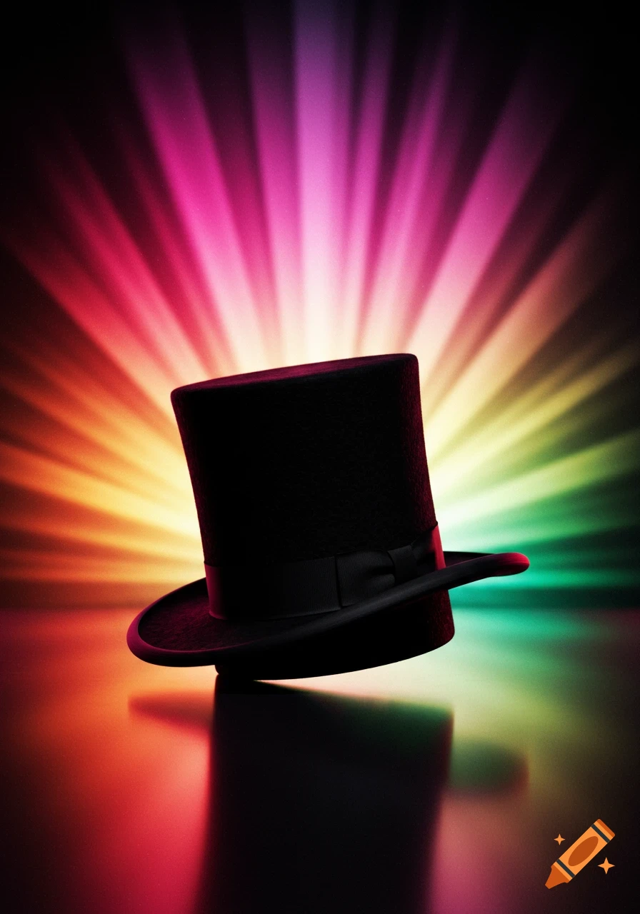 A black top hat rests on a reflective surface, illuminated by radiating colorful light rays in pink, red, yellow, green, and blue.