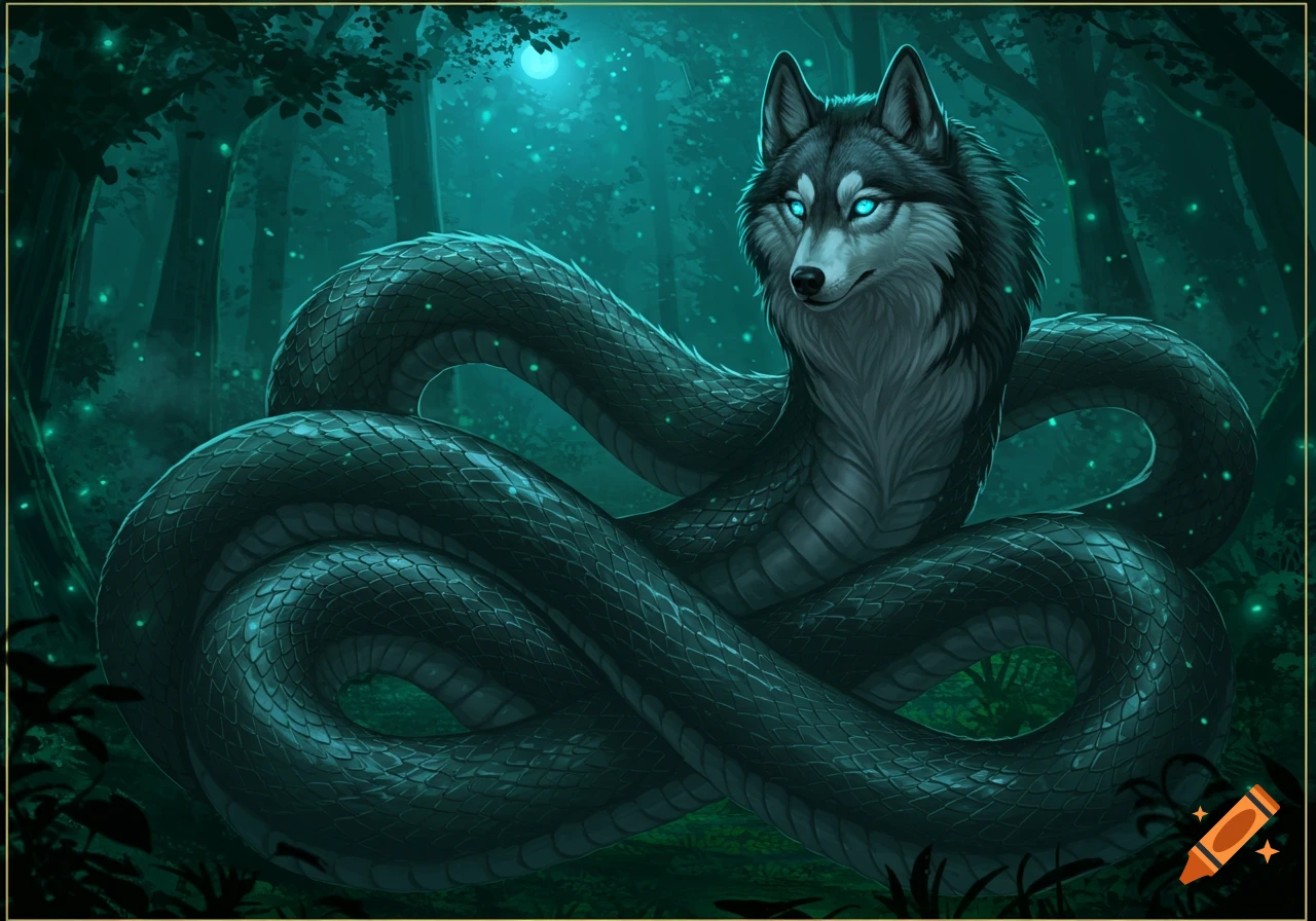 A mystical creature with a husky head and snake body, glowing blue eyes, in a dark, glowing forest under a blue moon. Digital art.
