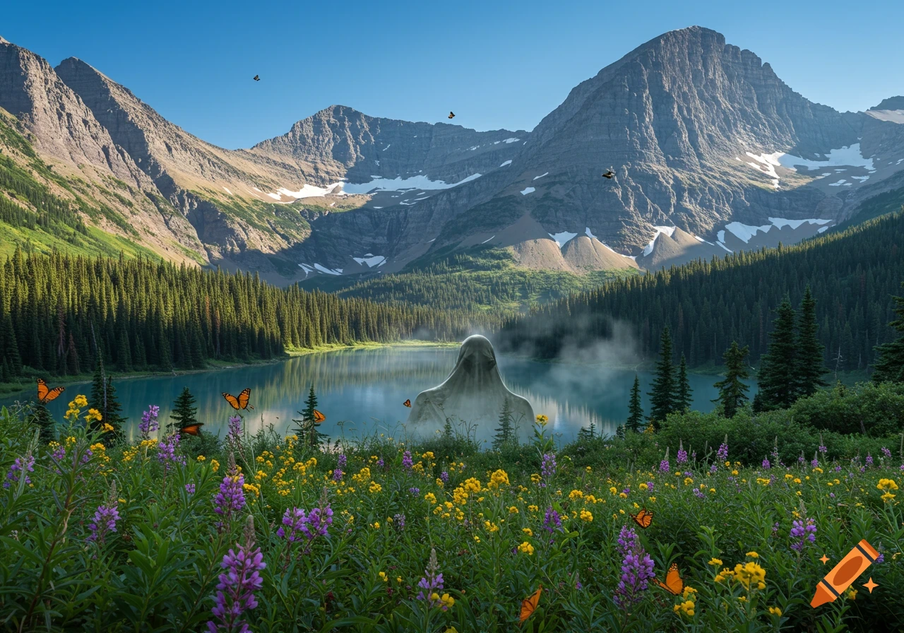A mystical draped figure emerges from a serene mountain lake surrounded by wildflowers and butterflies under a clear sky.