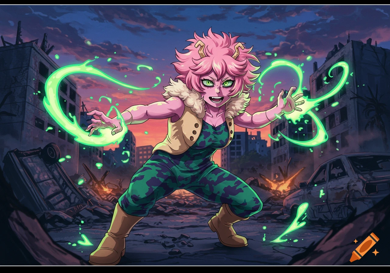 Pink-skinned anime character Mina Ashido stands powerfully amidst a destroyed city at dusk, generating green acid.