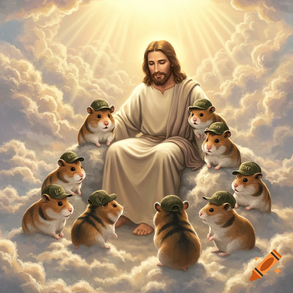 Jesus sitting on a cloud, surrounded by hamsters wearing green military caps, with light rays in a heaven-like setting.