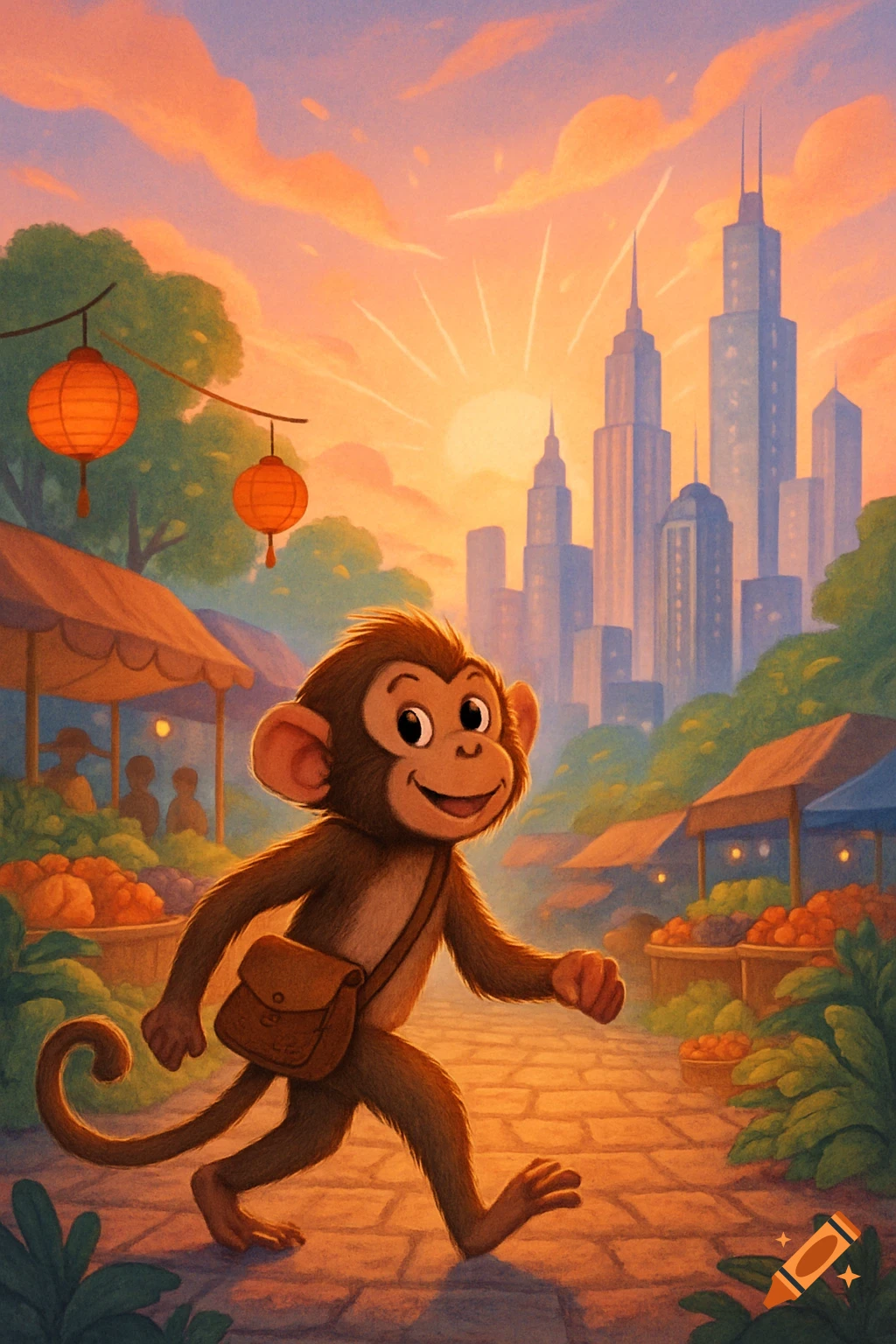 A happy cartoon monkey with a satchel walks on a cobblestone path through a vibrant market at sunset, with a city skyline in the background.