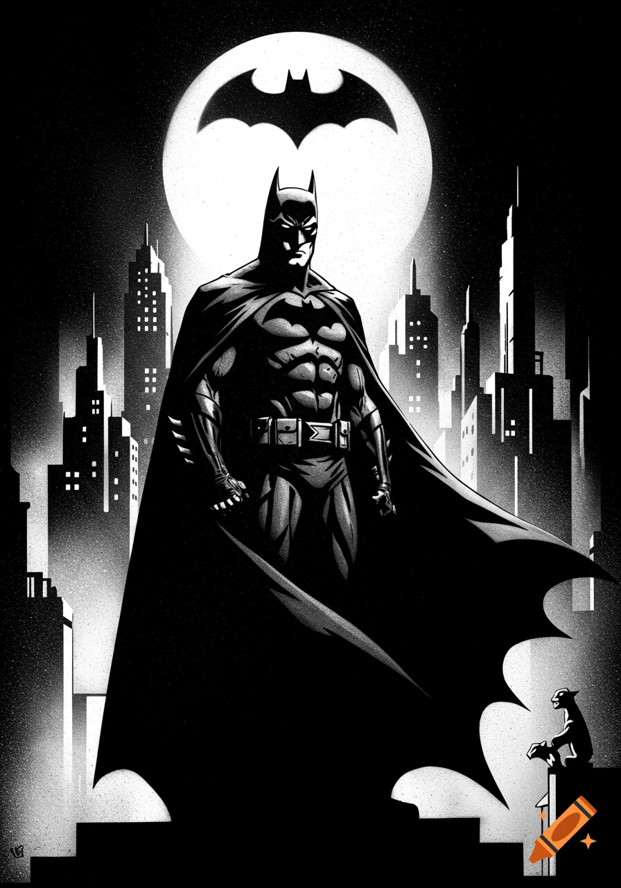 A black and white stylized image of Batman standing heroically in front of the Bat-Signal in the moon above a Gotham City skyline.