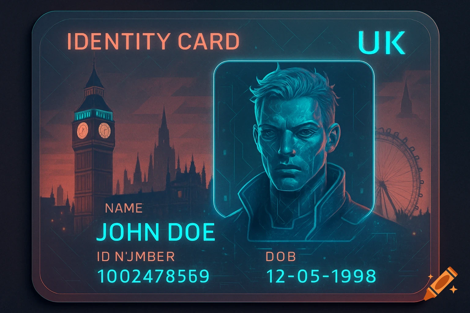 A stylized, futuristic UK identity card featuring a man's face in a digital frame, with Big Ben and the London Eye in the background.