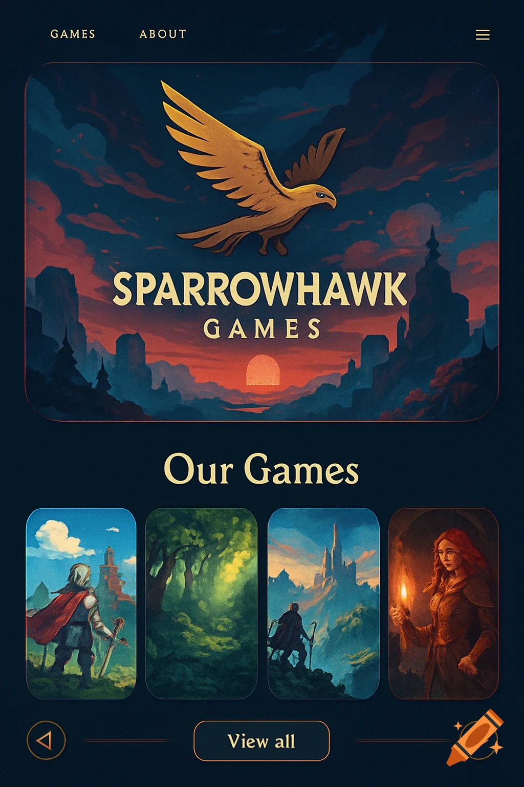 A web page design for 'Sparrowhawk Games' featuring a golden hawk logo and fantasy game art previews.