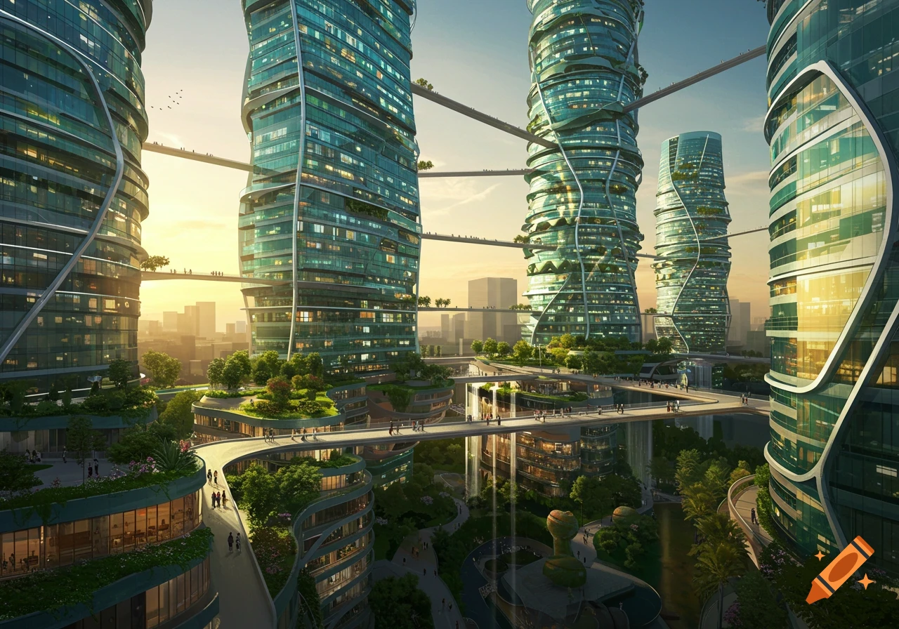 Futuristic city with twisting green skyscrapers connected by sky bridges and elevated walkways amidst lush gardens, bathed in sunset light.