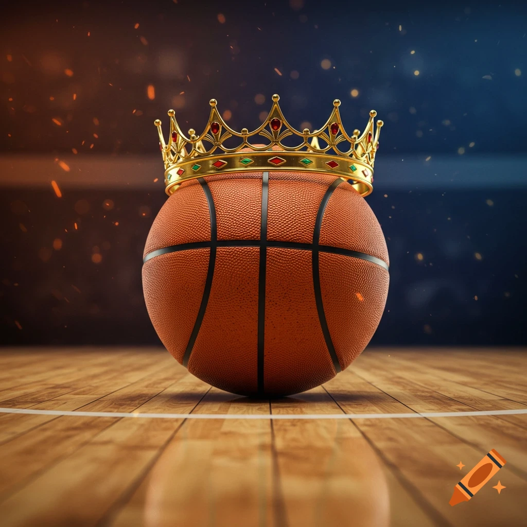 A basketball with a golden crown on a wooden court, with a blurred background of arena lights.