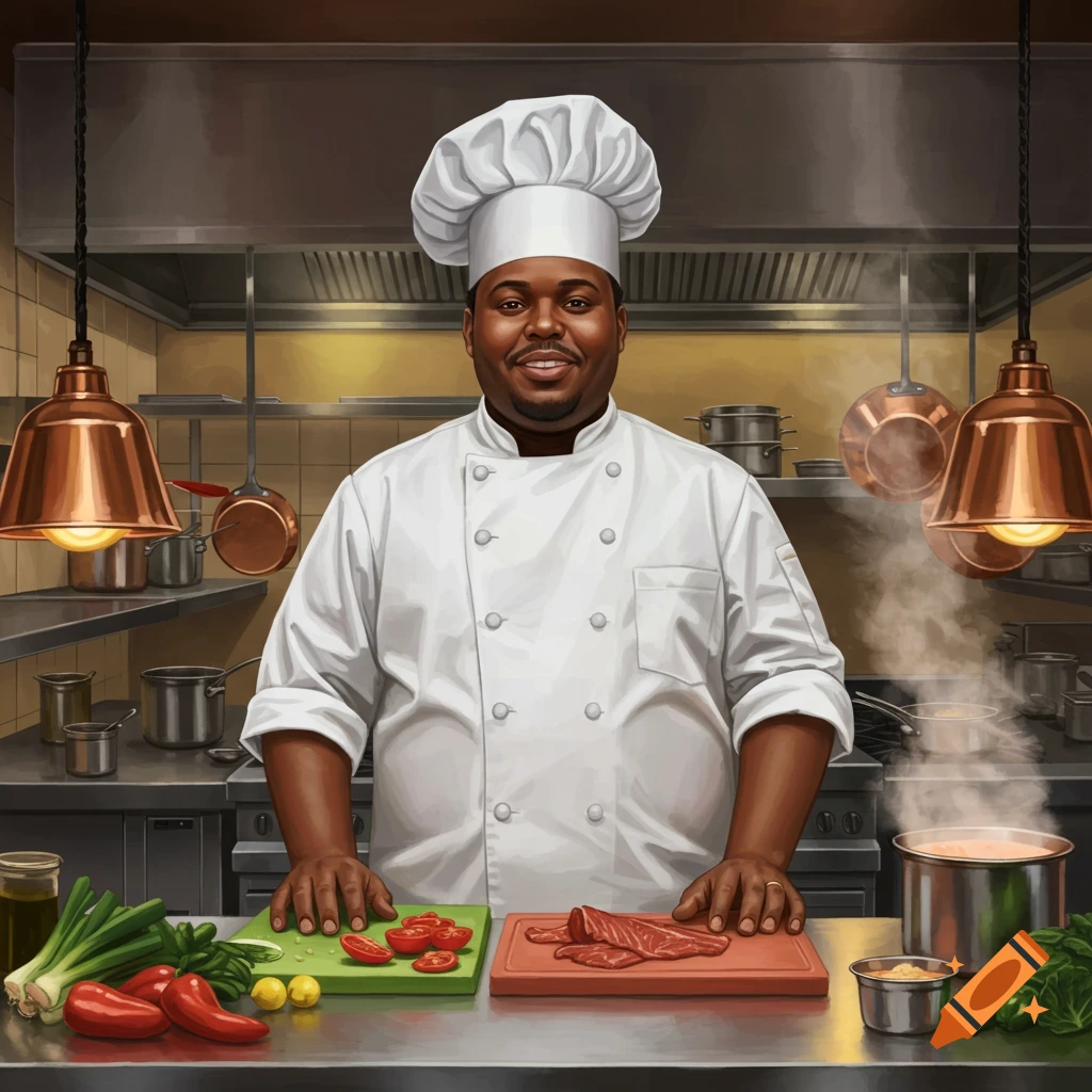 An African American chef smiles, standing in a kitchen with chopped ingredients on a counter.