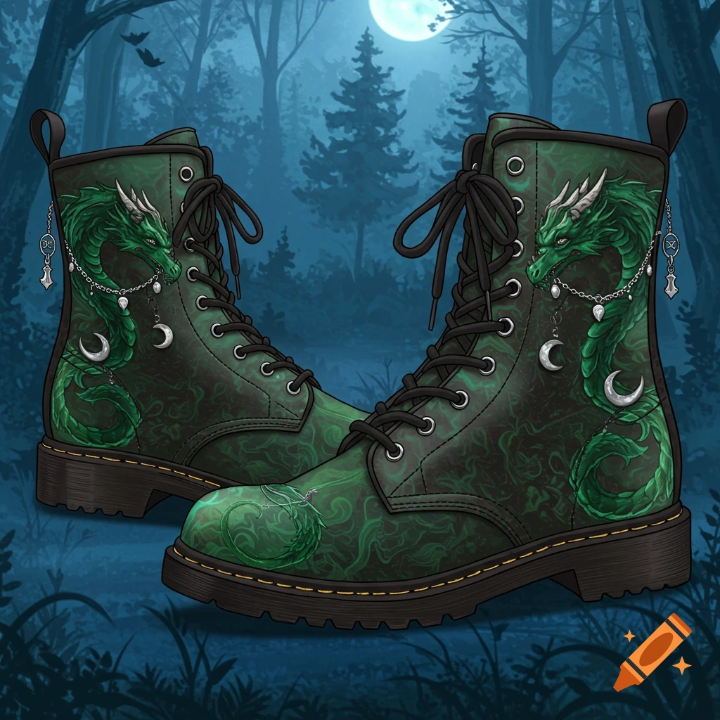 Pair of dark green combat boots with intricate green dragon designs and silver moon charms, set in a mystical forest under a full moon.