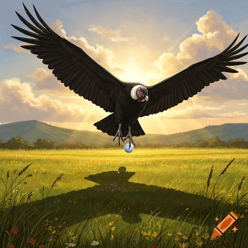 A large condor with outstretched wings flies low over a vibrant green field, holding a golf ball in its talons, under a bright sunset sky.