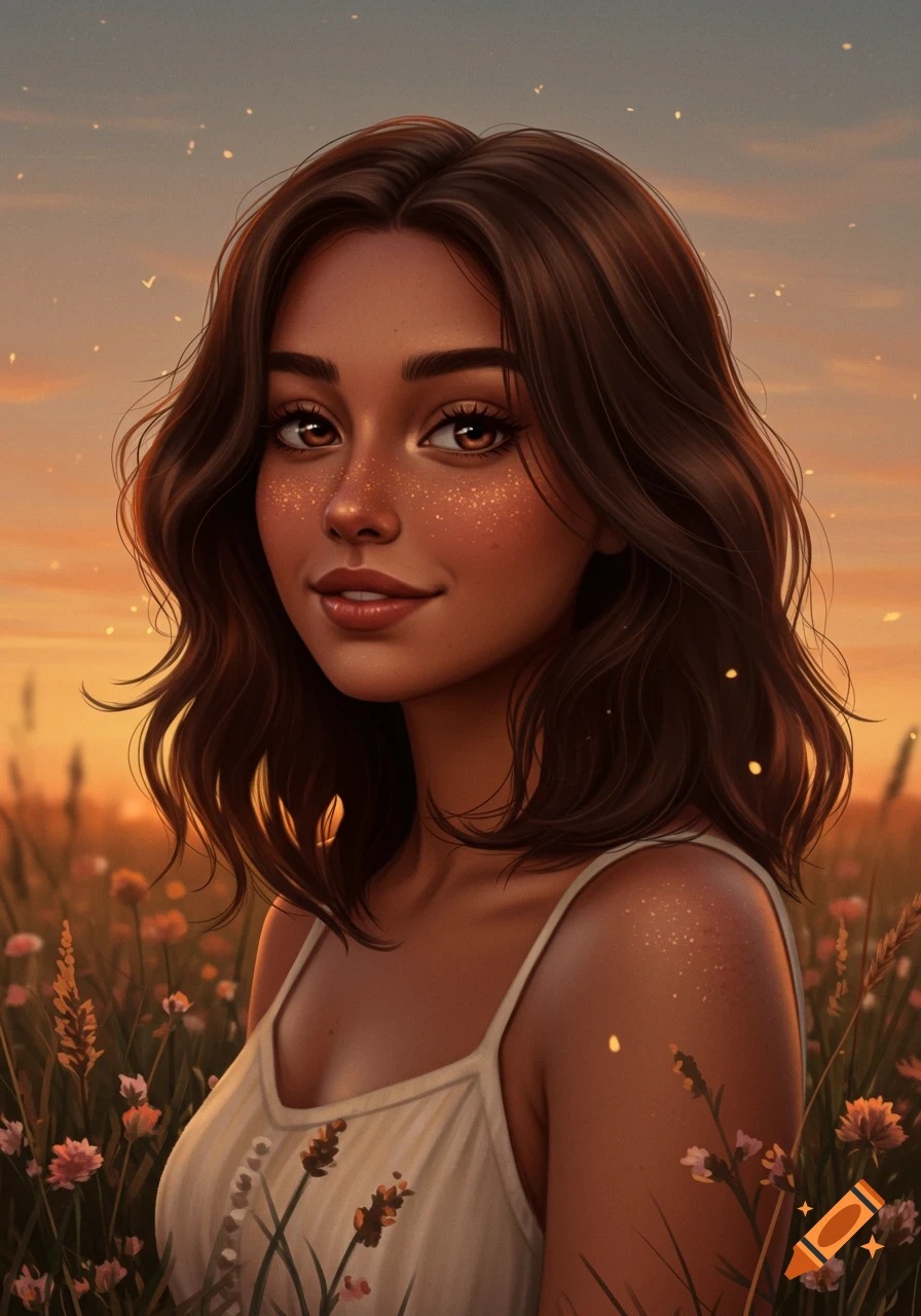 A stylized portrait of a young woman with brown hair and freckles, smiling in a field of flowers at sunset.