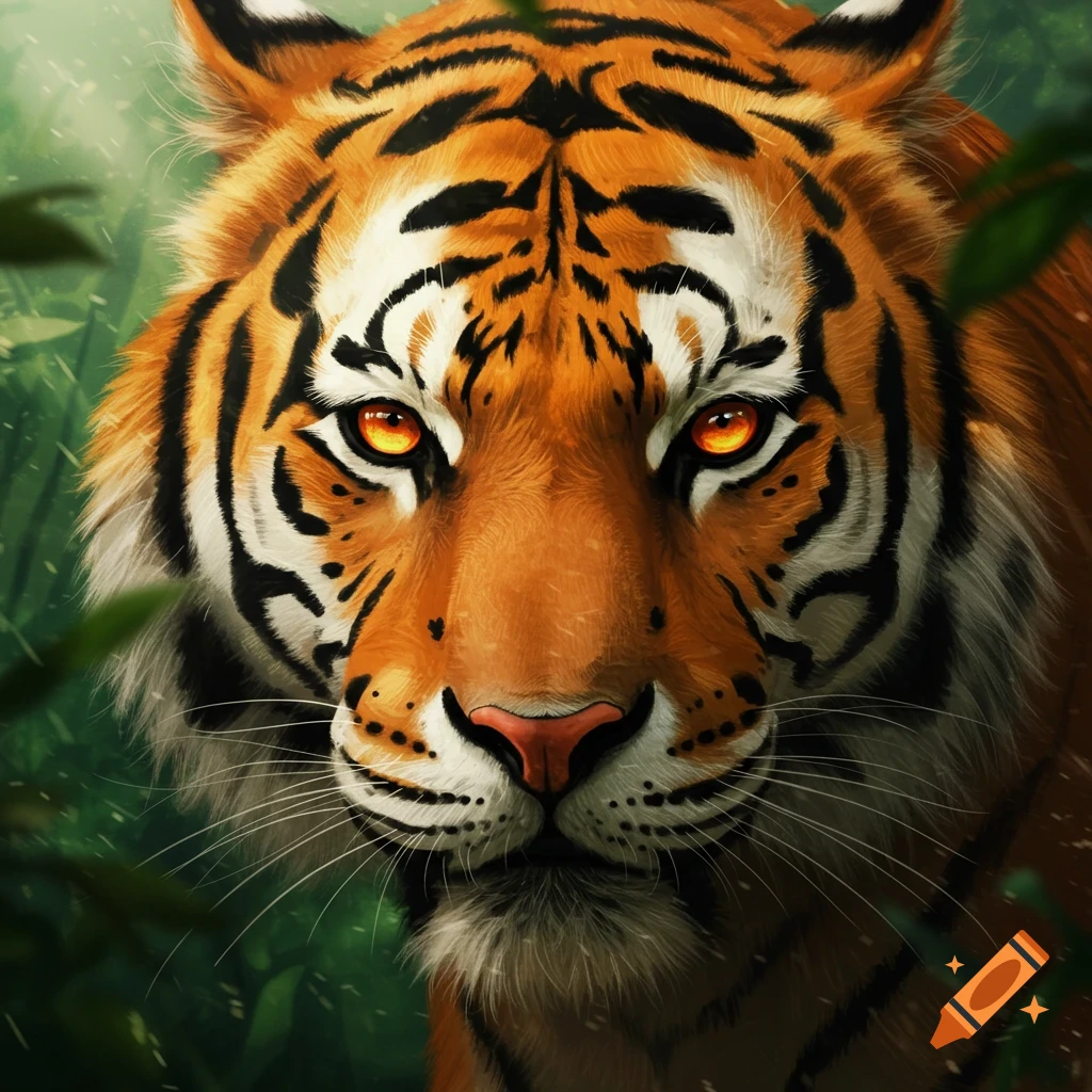 A close-up, photorealistic portrait of a tiger with bright amber eyes peering through green jungle foliage.