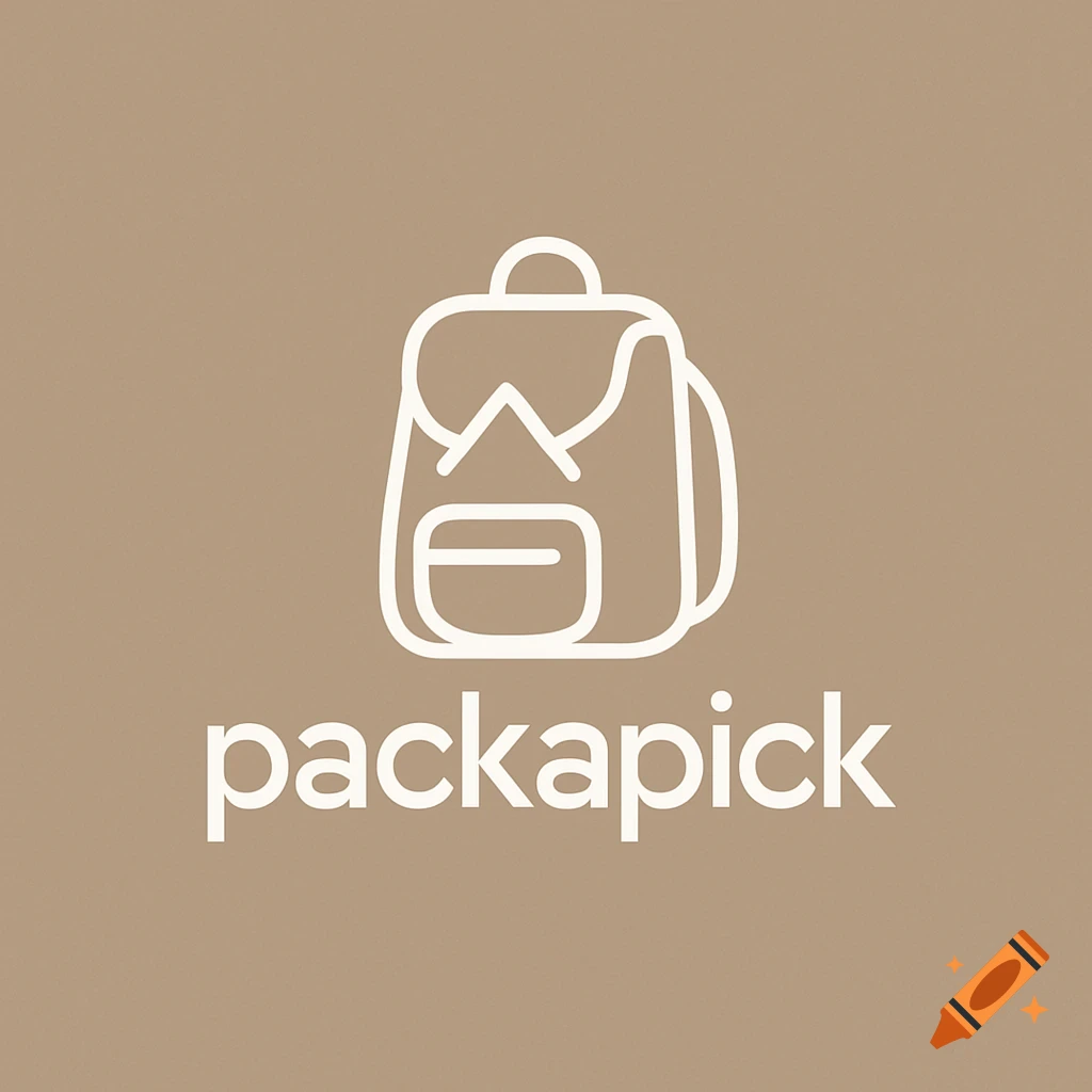 A minimalist logo featuring a white outline of a backpack above the word 'packapick' on a neutral brown background.