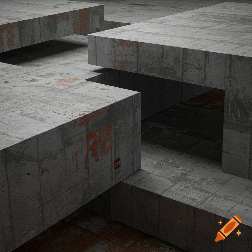 Abstract view of concrete blocks, some with orange 'RB' text, in a shadowy, industrial setting.
