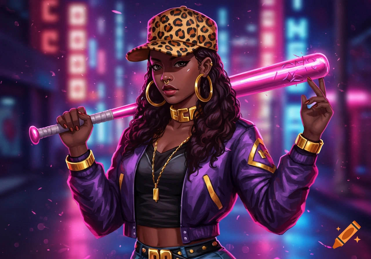 A stylized dark-skinned woman in a leopard print hat, purple jacket, and gold jewelry, holding a hot pink baseball bat against a neon urban background.